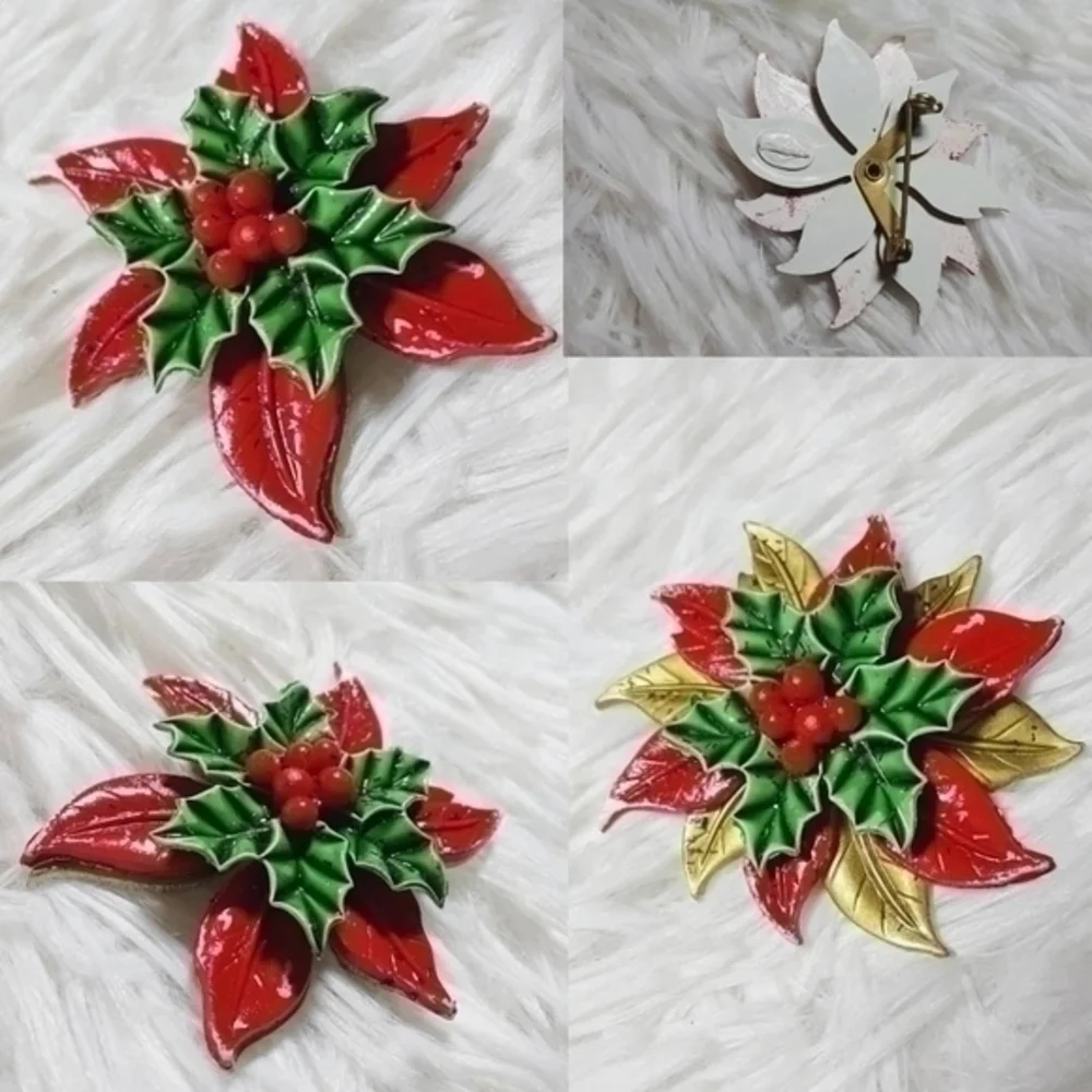 Vintage Pointsettia Peek-A-Boo Gold Petals Brooch
